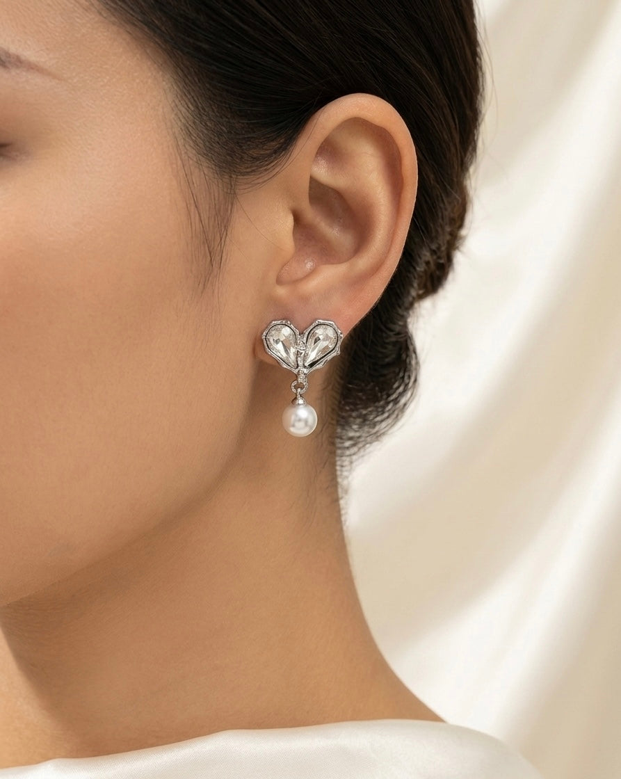 Silber Herz-Kristall & Perlen Ohrringe