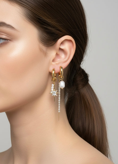 Asymmetrische Creolen Set – Stern & Süßwasserperlen – 18k Vergoldet