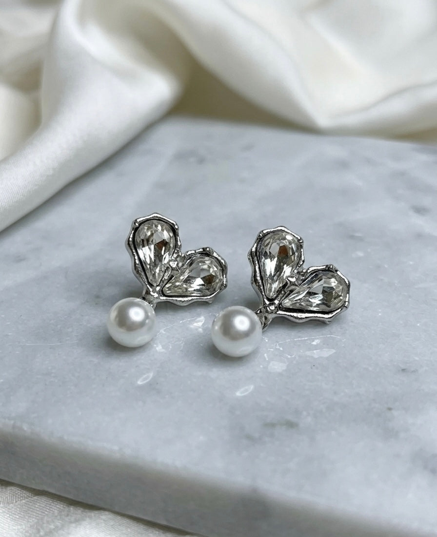 Silber Herz-Kristall & Perlen Ohrringe