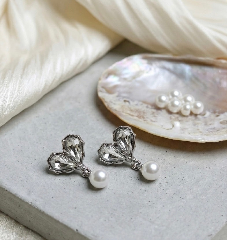 Silber Herz-Kristall & Perlen Ohrringe